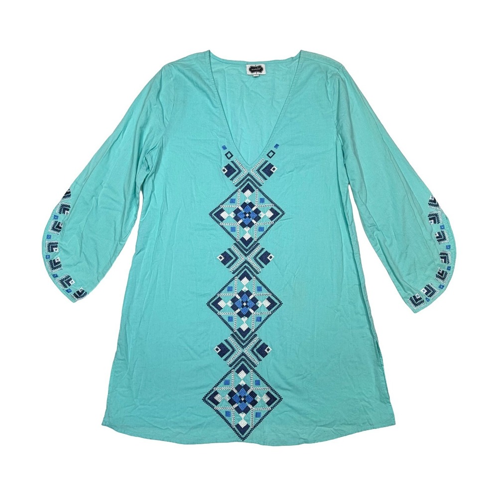 Mud Pie Women's Medium Dress Beach to Bar Tunic Aztec Embroidered Turquoise